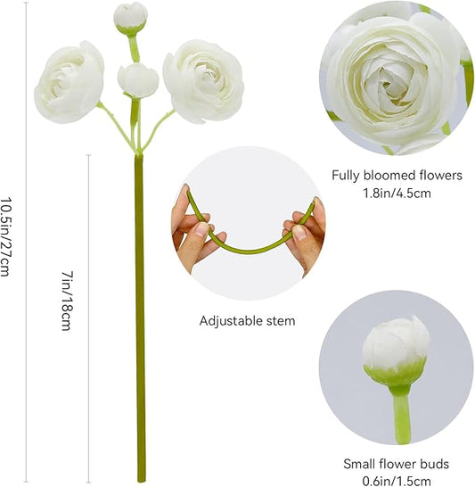 24 Pcs Ranunculus Artificial Flowers 10.5", Mini Faux Silk Ranunculus with Stem, Fake Flowers for Home Decor Indoor Wedding Bouquets Centerpieces (White)