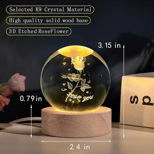 3D Rose Crystal Ball with LED Stand, Rose Figurine in Glass Sphere Lamp Night Light, I Love You Decor Gifts for Women Girls Mom Kids
