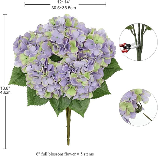 Hollyone Green Purple Hydrangea Artificial Flowers Large Artificial Hydrangeas Silk Flowers for Home Decor Indoor Wedding Flowers Bouquets Faux Flowers Kitchen Centerpiece Table Decorations