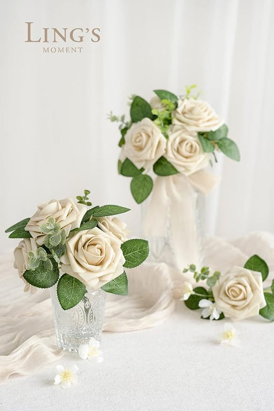 Ling's moment Artificial Flowers 25Pcs Tawny Beige Roses Decor w/Stems,3" Real Touch DIY Foam Floral for Wedding Bouquet/Centerpieces, Outdoors Party Backdrop, Room/Table, and Garden/Pot Decorations