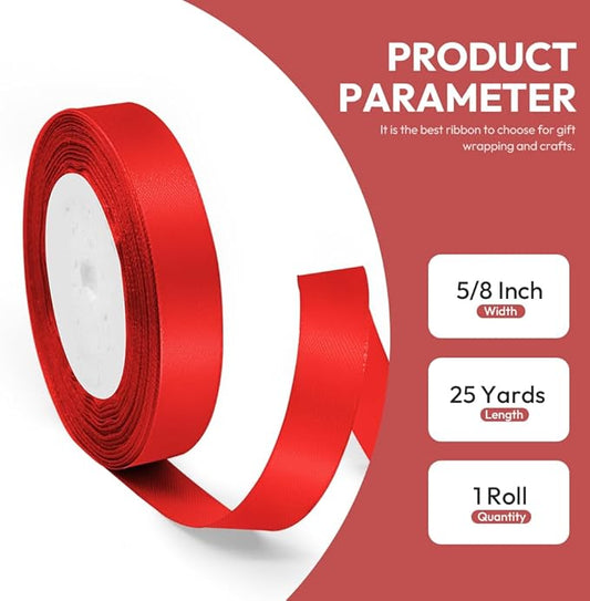 5/8" x 25 Yards Satin Ribbon, Red Silk Ribbon Ideal for Gift Wrapping, Floral Bouquets, Crafts, Wedding Party Decorations, Christmas and Sewing Projects