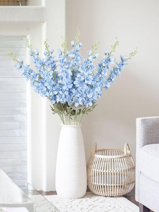 8PCS Blue Delphinium Artificial Flowers Larkspur Fake Flowers 33.5in Long Stem Faux Silk Flowers Bulk for Tall Vase for Home Wedding Floral Arrangement Centerpiece Table Decorations (Baby Blue)