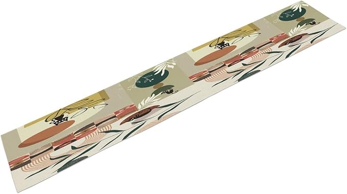 Mid Century Table Runner,Abstract Boho Plant Leaf Botanical Cat Modern Geometric Pattern Print Burlap for Hotel Indoors Outdoor Dining Room Kitchen Home Decor, 13x70in