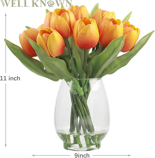 WELL KNOWN 12 Pcs Tulips Artificial Flowers in Vase, Real Touch Tulips with Vase with Upgrate Acrylic Water Flower Arrangements Centerpiece for Dining Room Table Decoration(Orange)