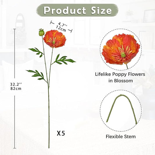 Hollyone 5Pcs Dark Orange Poppy Flowers Artificial Bouquet 32.2" Silk Fake Poppy Flowers Arrangement Real Touch Faux Poppies Flower Long Stem for DIY Wedding Party Table Centerpiece Table Home Decor