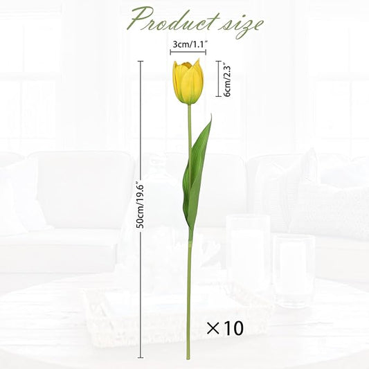 Artificial Tulips Flowers – 20" Long Stem Faux Tulips, 10PCS Real Touch Fake Yellow Tulip for Vase, Farmhouse, Kitchen, Spring & Wedding Home Decor