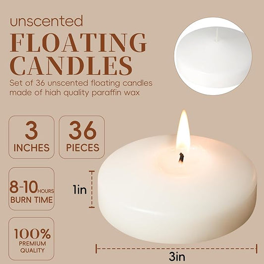 3 inch White Floating Candles 8-9 Hours Floating Candle for Centerpieces 36 Packs Unscented Floating Candles 3” Water Candles for Cylinder Vases, Pool, Wedding