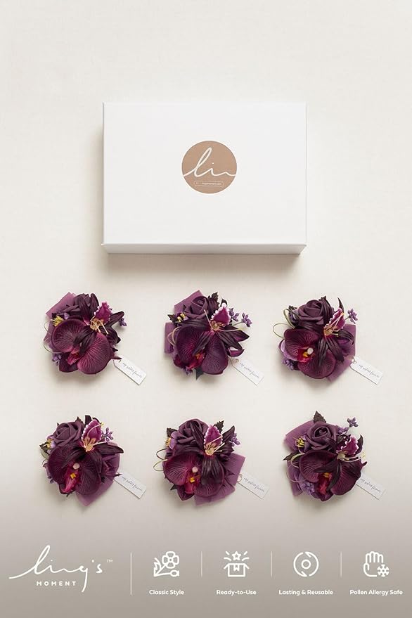 Ling's moment 6pcs Wedding Wrist Corsage Artificial Flowers, Girl/Mother Homecoming Prom Corsages Wristlet Décor, etc. Deep Purple