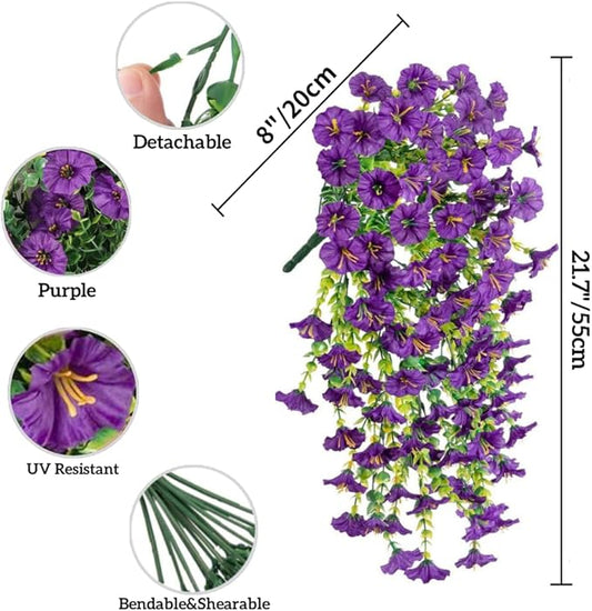 4PCS Artificial Hanging Flowers for Outdoor Decor UV Resistant Fake Morning Glory Realistic Silk Spring Summer Hanging Plants for Porch Patio Balcony Yard (Purple)