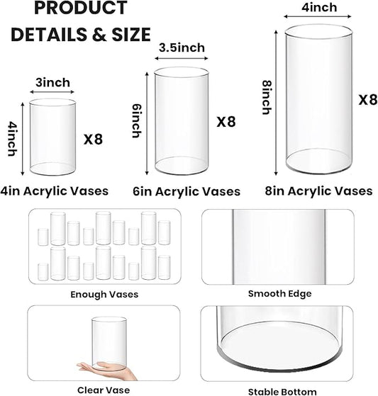 24 Pack Acrylic Cylinder Vases 4,6,8 Inch Tall Clear Acrylic Flower Vase Bulk Floating Candle Holders Cylinder Plastic Vases for Centerpiece Table Wedding Home