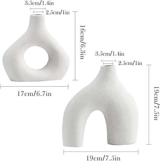 White Ceramic Vase Set of 2 for Modern Home Decor, Round Matte Donut Vases for Pampas Grass, Neutral Boho Nordic Minimalism Style Flower Vases for Living Room Wedding Table Party Office Bedroom