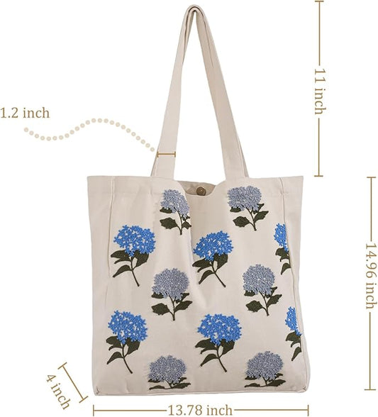Aesthetic Embroidery Tote Bag for Lady Cute Reusable Canvas Shoulder Bag for Girls Women Shopping Grocery