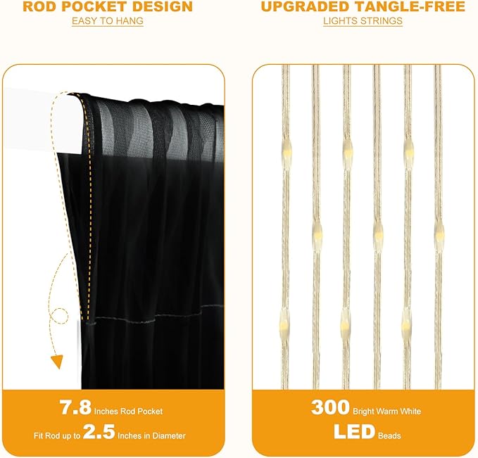 Tulle Curtain Backdrop with 300 LED Fairy Lights for Parites Wrinkle-Free Sheer Curtain Drapes Photo Back Drop for Wedding Baby Shower Bridal Shower Birthday Dance Home Décor- 10ft×10ft, Black