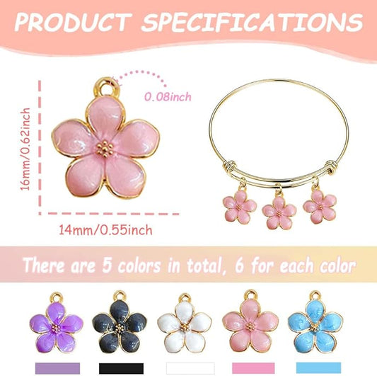 30 pcs Gold Plated Enamel Cherry Blossoms Flower Charms Pendan Cute Small Flower Pendants for Jewelry Making Kit Bracelet Necklace Earrings Keychain DIY Crafts Crafting