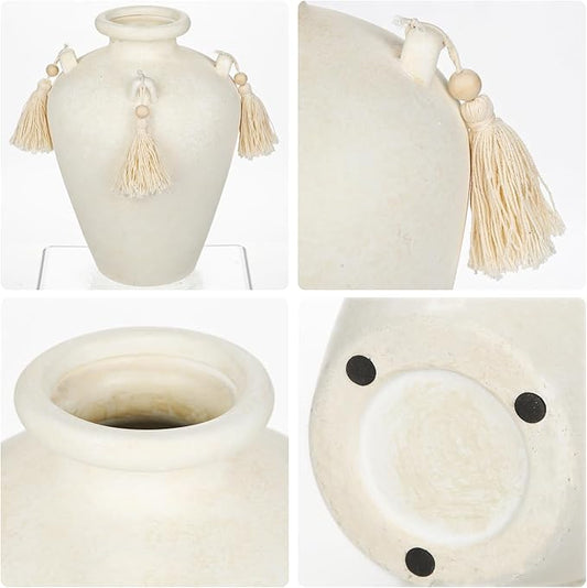9.4" Large White Ceramic Vase for Centerpieces - Rustic Farmhouse Vase with 4 Ears & Tassels, Terracotta Vintage Flower Vases for Table, Desk, Living Room, Bedroom, Entryway, Holiday & Weddings Decor
