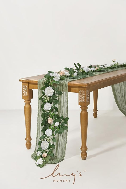 Ling's Moment 5FT White Artificial Flower Garland Fake Rose Green Leaves Floral Garland Arch Flowers Vine for Wedding Party Backdrop Decor Mantel Home Table Centerpieces Window Decorations