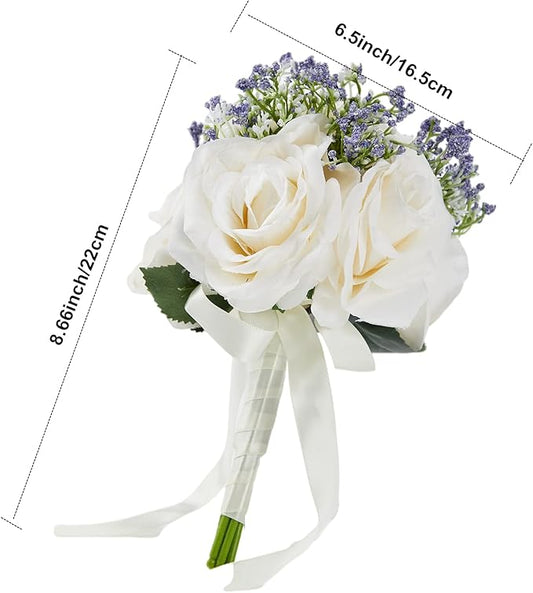 Meldel 6.5 Inch Ivory Bridesmaid Bouquet, Set of 6, Purple Wedding Bouquets for Bridesmaids, Small White Bridesmaids Bouquets
