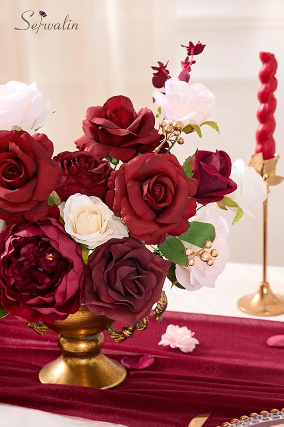 Serwalin Artificial Flowers Silk Fake Flowers Roses for DIY Wedding Bouquets Centerpieces Arrangements Party Bridal Baby Shower Home Decorations Cake Flowers (Burgundy & Pink)