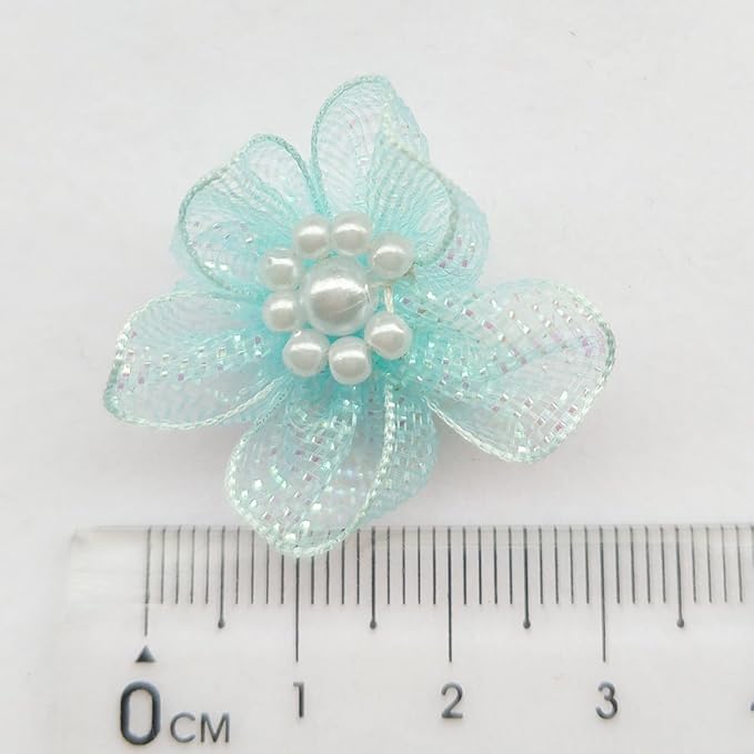 Chenkou Craft Mix Lots 40pcs 28mm Organza Ribbon Flowers Bows w/Beads Appliques Wedding Craft (Organza Flower(A0020))