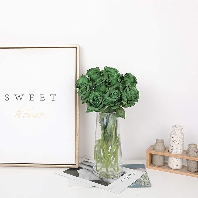 Nubry Artificial Silk Rose Flower Bouquet Lifelike Fake Rose for Wedding Home Party Decoration Event Gift 10pcs (Dark Green)