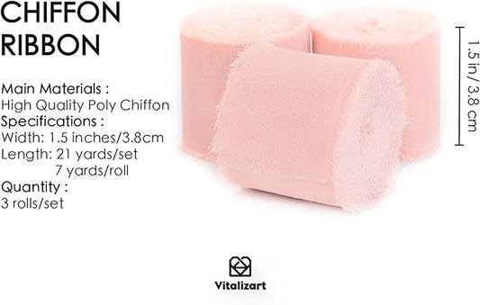 Vitalizart Blush Pink Handmade Chiffon Silk Ribbon Fringe 3 Rolls 1.5" x 21 Yd Frayed Edges Ribbons for Wedding Invitations Bridal Bouquets Gifts Wrapping Crafts Holiday Decor