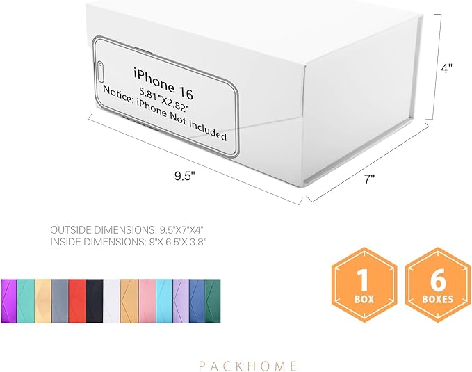 PACKHOME Gift Box 9x6.5x3.8 Inches, Rectangle Collapsible Box with Magnetic Lid for Gift Packaging (Matte White, Grain Texture)