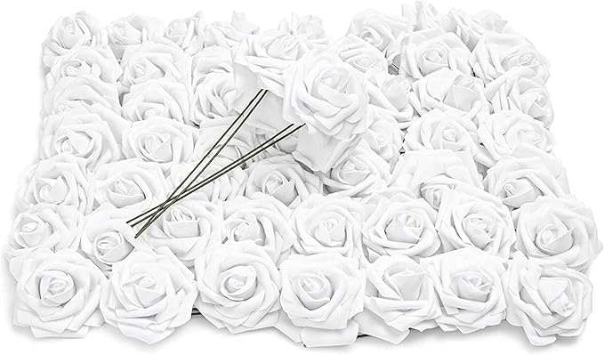 Bright Creations Bright White Roses Artificial Rose Flowers for Wedding Bouquet & Bridal Shower DIY Party Decor - 3 Inch Head, 9 Inch Stem, 60 Pack