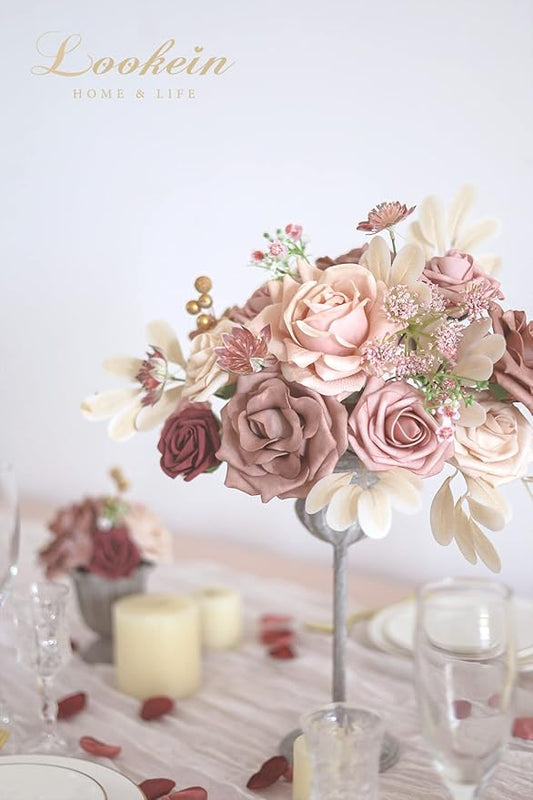 Lookein Artificial Flowers for DIY Wedding Decoration Bridal Bouquet Table Centerpieces Flower Wreaths Aisle Flowers Home Decor, Belle Dusty Rose