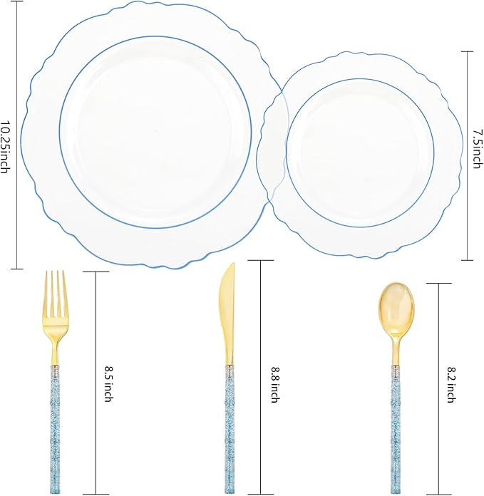 Liacere 150PCS Clear and Blue Plastic Plates-Clear and Blue Disposable Plates with Glitter Bamboo Handle Cutlery-60 Baroque Elegant Plates, 30 Forks, 30 Spoons, 30 Knives for Wedding&Christmas