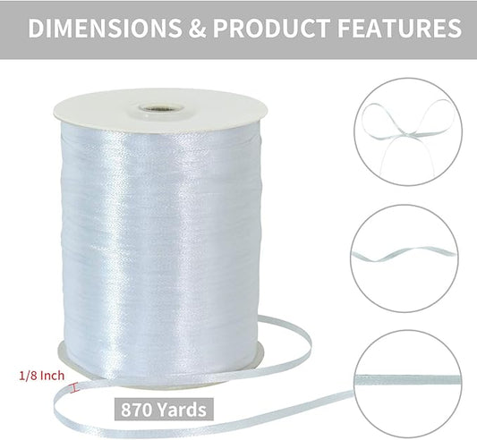 1/8 Inch x 870 Yards White Thin Solid Satin Ribbon Giant Spool Double Face Woven Polyester Fabric Ribbons for Crafts Hanging Tags Invitation Card Balloons Bouquet Hair Gift Wrapping Party Decoration