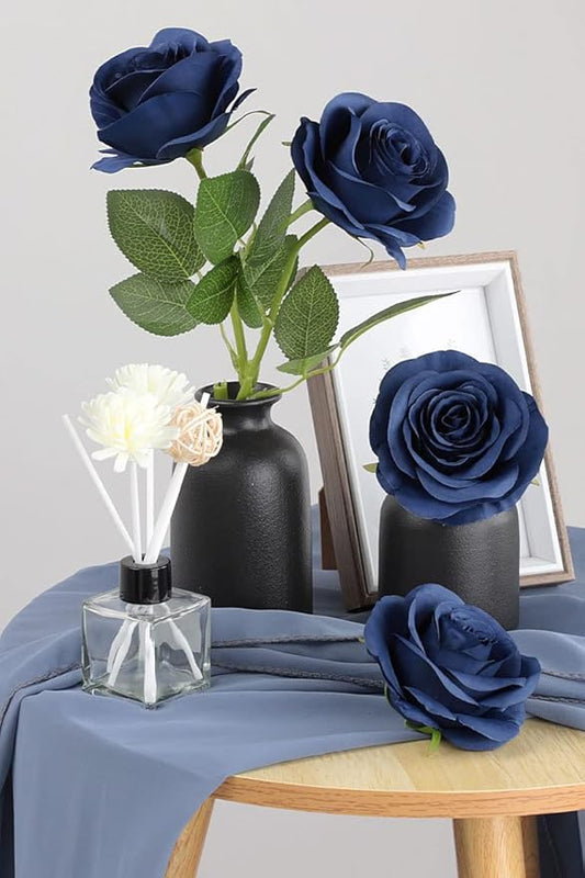 50pcs Roses Artificial Flowers Navy Blue Fake Roses Flowers with Long Stems Silk Flowers for Wedding Bouquet Centerpices Decorations Party Bridal Baby Shower Home Decor