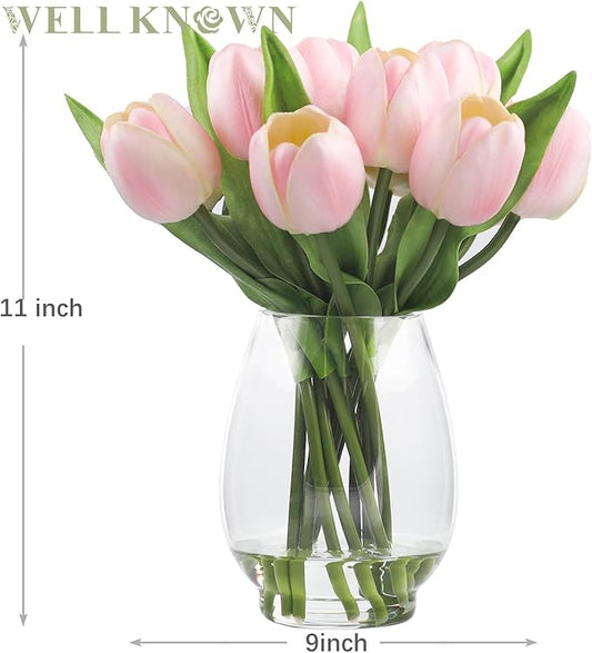 WELL KNOWN 12 Pcs Tulips Artificial Flowers in Vase, Real Touch Tulips with Vase with Upgrate Acrylic Water Flower Arrangements Centerpiece for Dining Room Table Decoration(Pink)