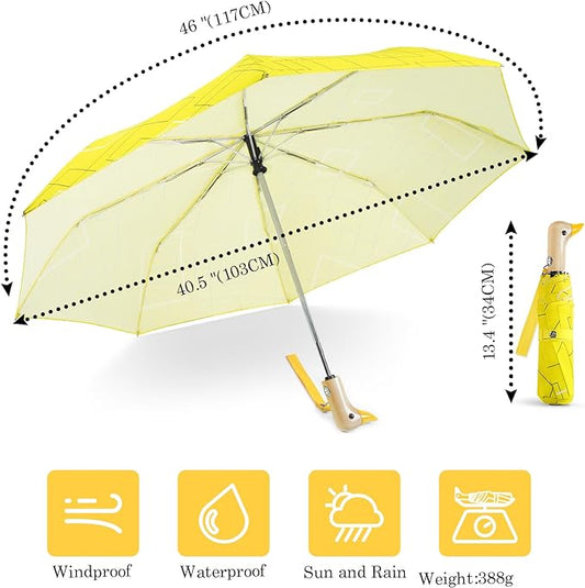 Cute Duck Umbrella Automatic - Compact Pretty Pocket Size Strong Duck Collapsible Umbrella Yellow Wooden Handle for Women