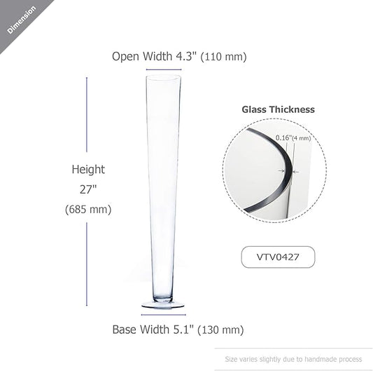 WGV Trumpet Glass Vase, Open 4", Height 27", (Multiple Sizes Choices) Clear Tall Pilsner Floral Planter Container Centerpiece, Wedding Event Home Decor, 1 Piece (VTV0427)