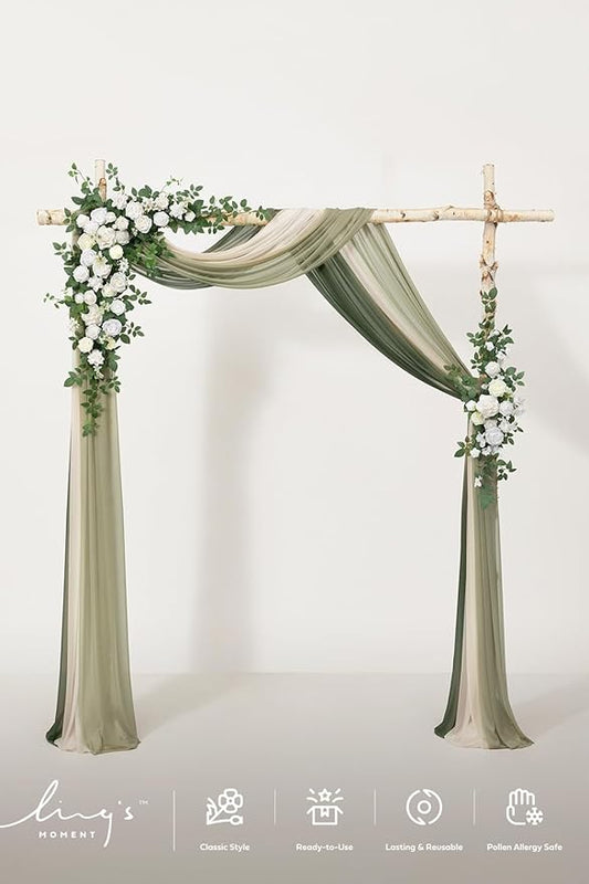 Ling's moment Wedding Arch Flowers with Drapes Kit-Pack of 5, 2pcs Flower Arrangements 3pcs Sheer Hanging Drapes Ceremony Arbor Backdrop Artificial Rose Floral Decor, White & Sage