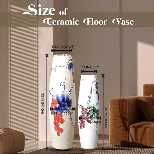 Tall White Floor Vase 32 inches, Thick Ceramic Rustic Vases Large for Home Decor Living Room, Painting Blue Grape Decorative Vases Wide Mouth Opening Corner Vase for Pampas Grass