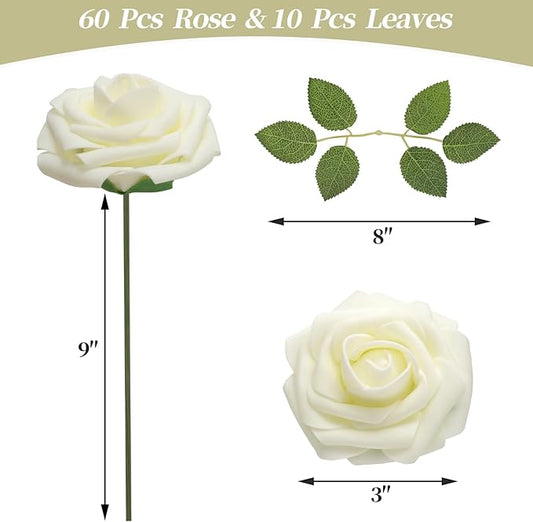 DerBlue 60pcs Artificial Roses Flowers Real Looking Fake Roses Artificial Foam Roses Decoration DIY for Wedding,Arrangements Party Home Decorations