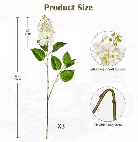 Artificial Lilac Flowers 30" Tall – Set of 3 Silk Lilac Flower Stems for Home Decor, Wedding Centerpieces, Faux Floral Arrangements – White Artificial Flowers for Vase, Spring & Farmhouse Décor