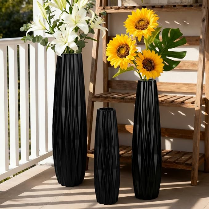 Tall Black Floor Vase – 24" Twisted Geometric Ceramic Vase for Modern Home, Living Room, Table Centerpiece or Corner Decoration