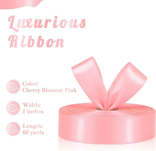 Cherry Blossom Pink Ribbon 1 Inch 60 Yards, Versatile Solid Satin Ribbon for Flower Bouquet, Graduation Lei, Crafts, Gift Wrapping, Baby Shower, DIY Bows and Wedding Decorations