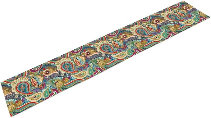 Boho Paisley Table Runner, Colorful Indian Mandala Floral Golden Aeccent Bohemian Style Table Runnner for Kitchen Dining Holiday Party Decoration, 13x108 Inch