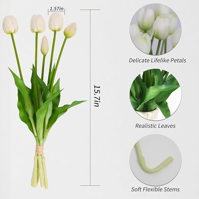 10 Pack Real Touch Tulips Artificial Flowers, 15.7 Inch Bendable Latex Tulips - No Maintenance Faux Flowers for Vase, Home Decor, Wedding Centerpiece (White)