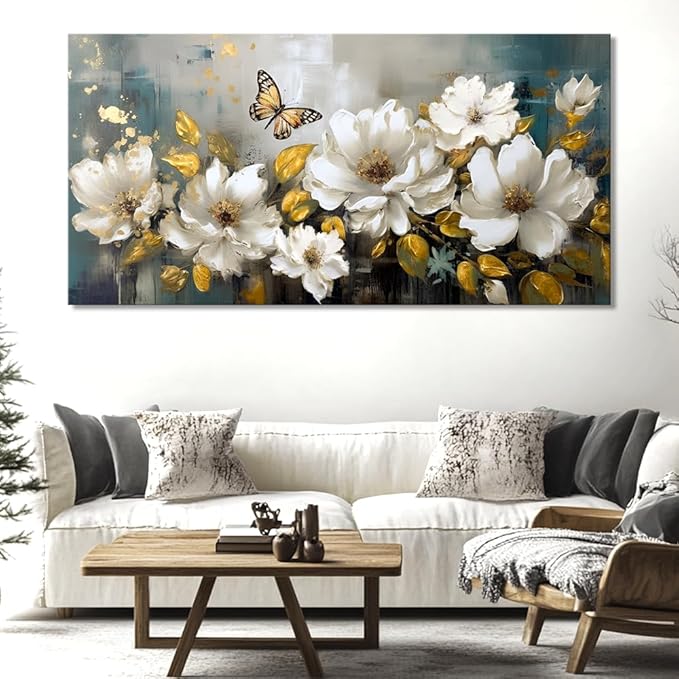 vgrozirh Wall Art Modern Flower Artwork Paintings White Blossom Gold Leaf Butterfly Landscape Picture wall Decor for Living Room Bedroom Kitchen 71"x36"