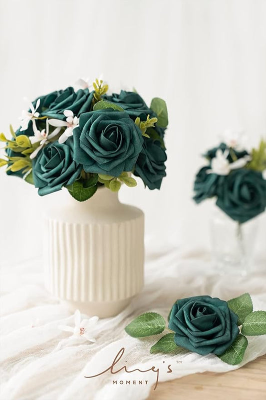 Ling’s Moment Artificial Flowers 25Pcs Peacock Green Roses Decor w/Stems,3" Real Touch DIY Foam Floral for Wedding Bouquet/Centerpieces, Outdoors Party Backdrop, Room/Table, and Garden/Pot Decorations