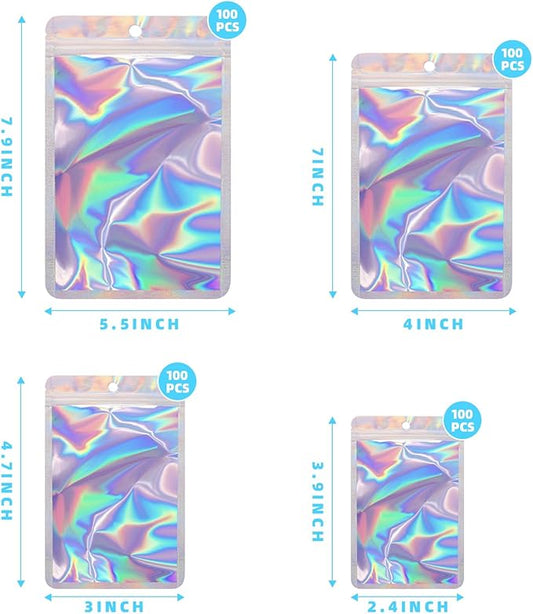 400 Pack 4 Size Bags with Clear Window,Scratch Resistant Hand Holographic Packaging Pouch,Resealable Bag for Small Bussiness Cookies Jewelry Candy Sample (Holographic, 2.4×3.9,3x4.7,4×7,5.5×7.9 inch)