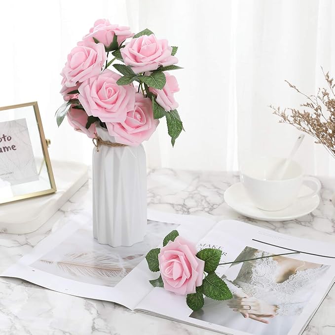 DerBlue 60pcs Artificial Roses Flowers Real Looking Fake Roses Artificial Foam Roses Decoration DIY for Wedding,Arrangements Party Home Decorations