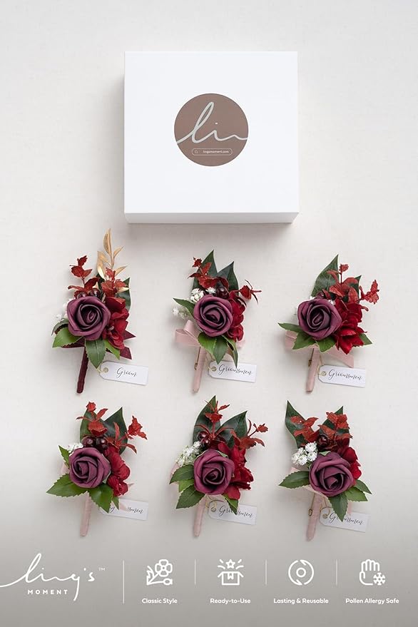 Ling's moment Boutonniere for Men, 6pcs Groom Groomsmen Boutonniere, Artificial Flowers for Wedding Decor/Prom/Homecoming, etc.Burgundy Marsala