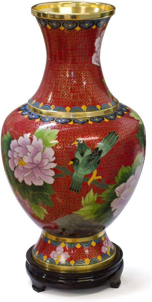 China Furniture Online Red Floral Motif Oriental Cloisonne Vase with Stand