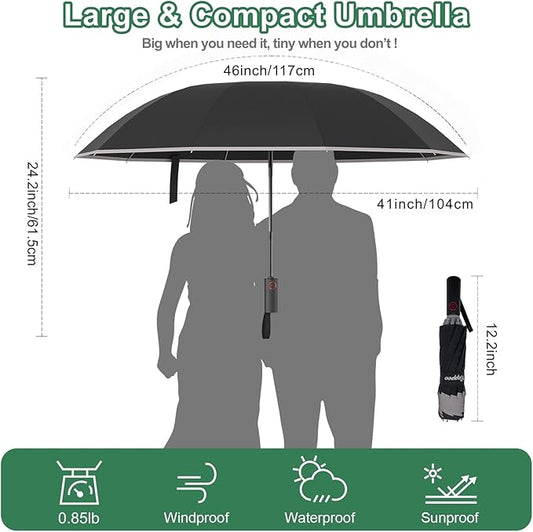 4-in-1 Inverted Travel Umbrella Compact, Automatic Large Umbrellas for Rain & Sun, Portable Windproof Umbrella for Backpack, Reverse Folding Umbrella for UV with Reflective Strips,Lightweight