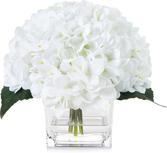 Silk Hydrangea Artificial Flowers in Vase with Faux Water, Silk Flower Arrangements in Vase for Wedding, Dining Table, Living Room (White)